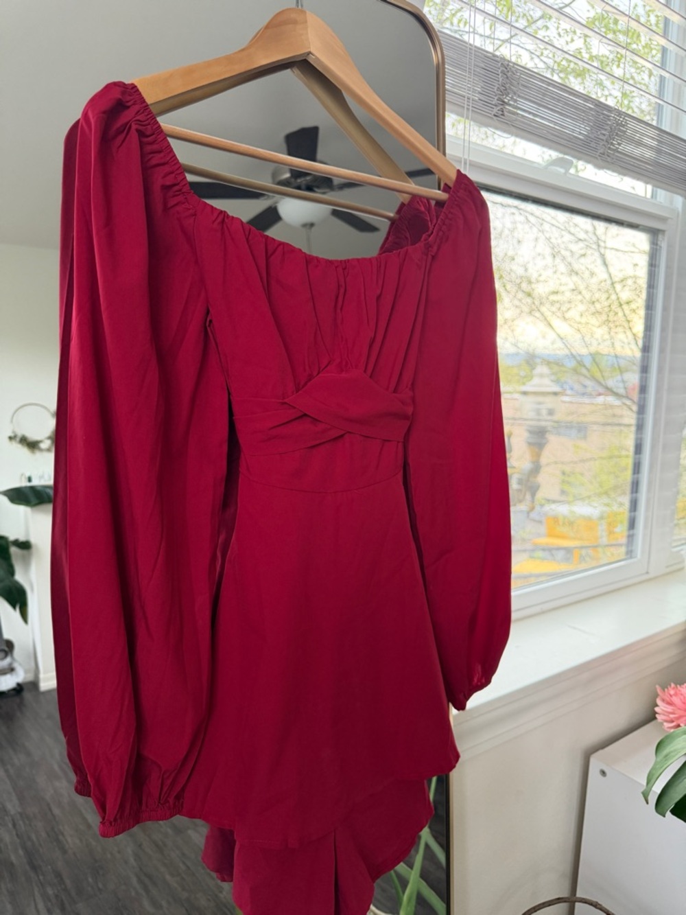 Women's Romance Red Long-Sleeve Mini Dress Romper with Bow Tie Back